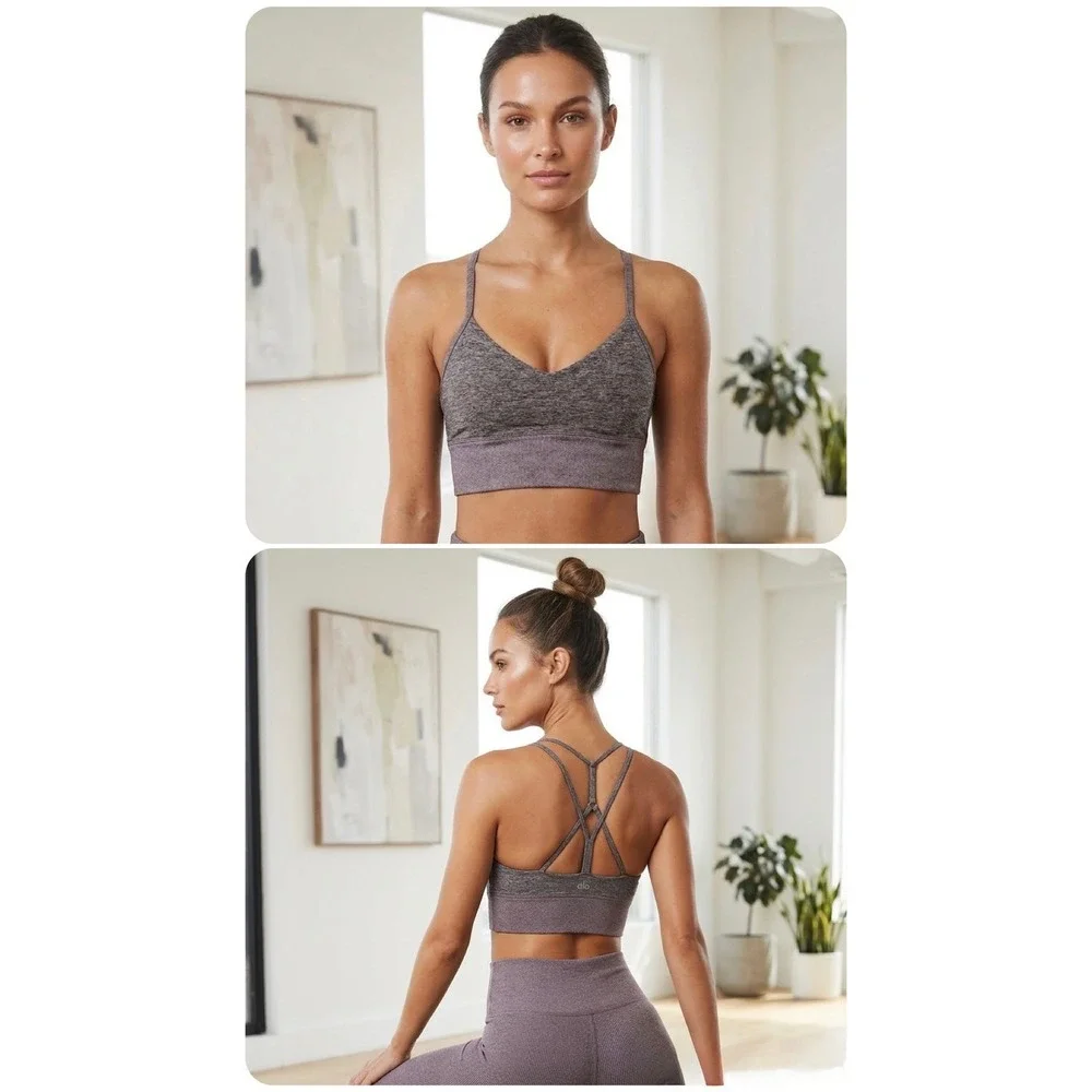 Alo Yoga Alosoft Lush Bra Dark Plum Heathered Strappy Back Sports Bra Size M